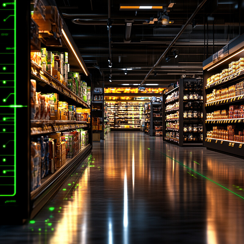 A dimly lit grocery store aisle with shelves stocked with various food products, creating an eerie ambiance.