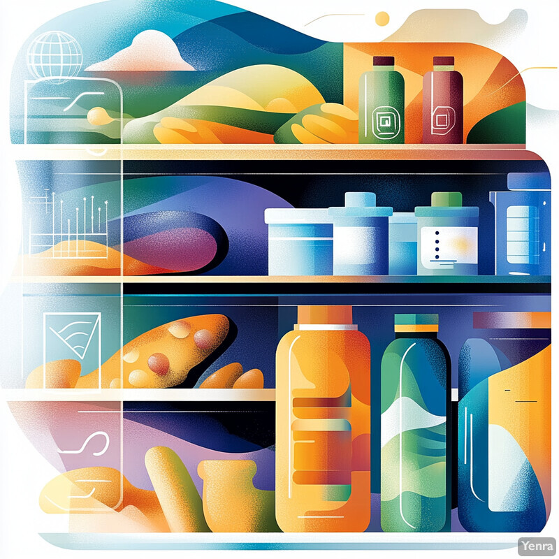 A colorful illustration of various objects on shelves or in storage bins, possibly representing an inventory system or product showcase.