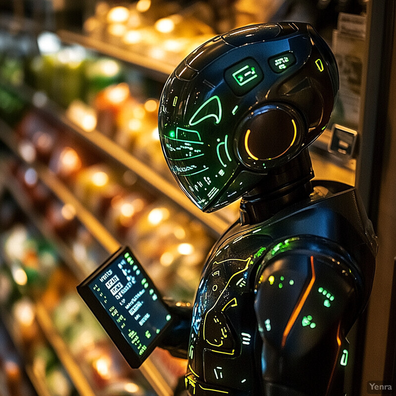 A futuristic robotic figure uses a tablet computer to validate product prices and labels in a modern retail environment.