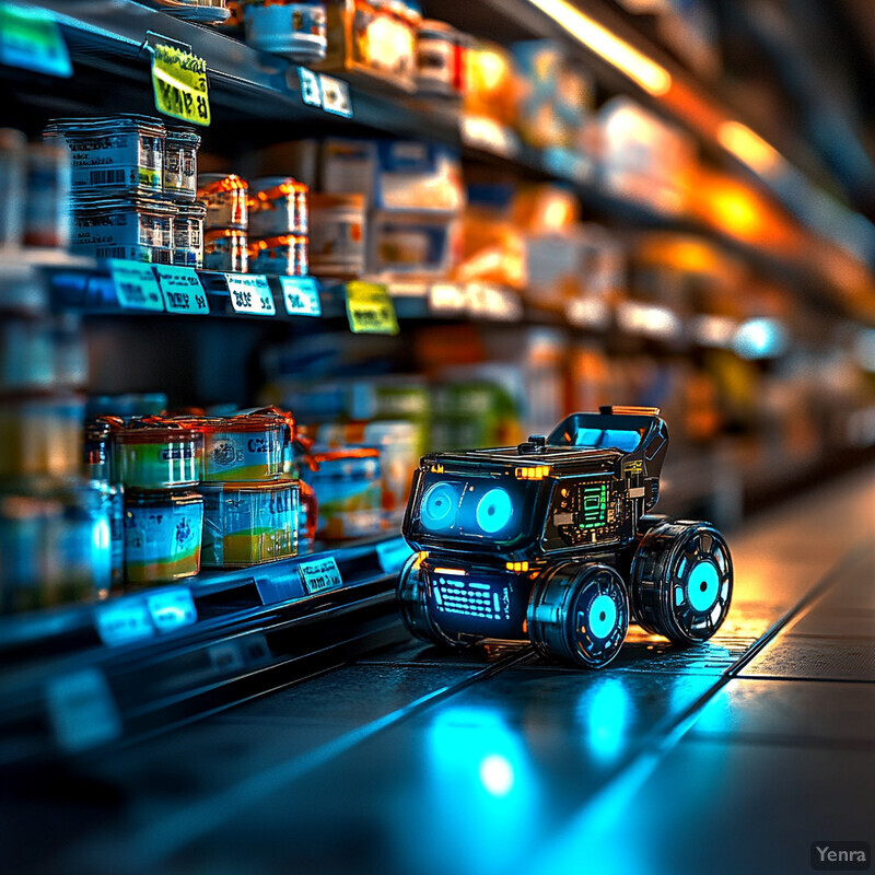 A small robot navigates through an aisle of shelves in a store, possibly engaged in inventory management or product scanning.