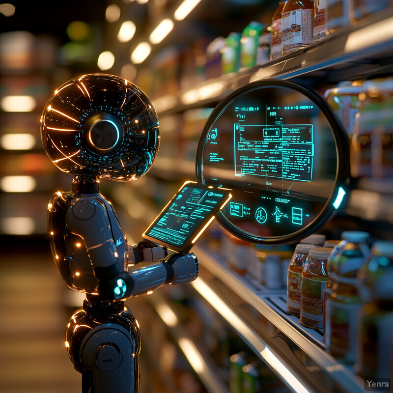 A humanoid robot stands in front of shelves stocked with products, interacting with a tablet and scanning barcodes.