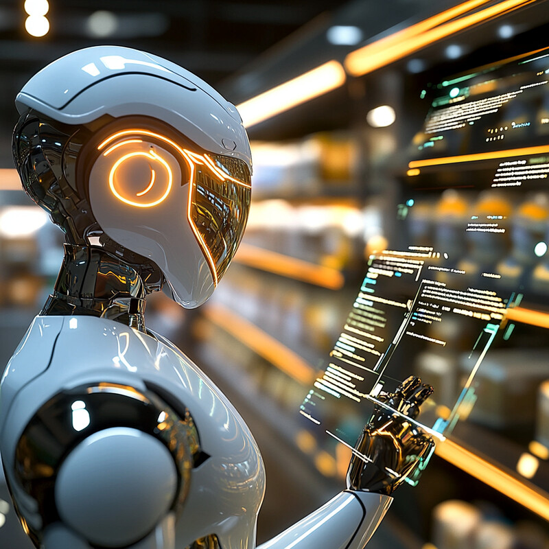 A humanoid robot stands in front of a large screen displaying data and text, set against a futuristic backdrop.