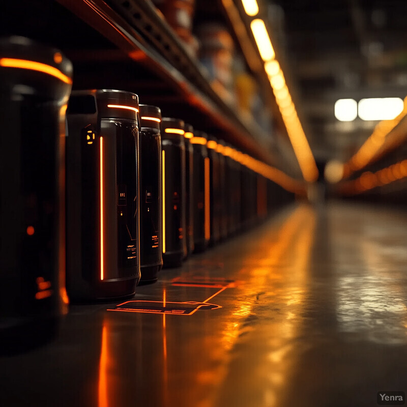 A row of black cylindrical objects with orange lights on a dark gray floor.