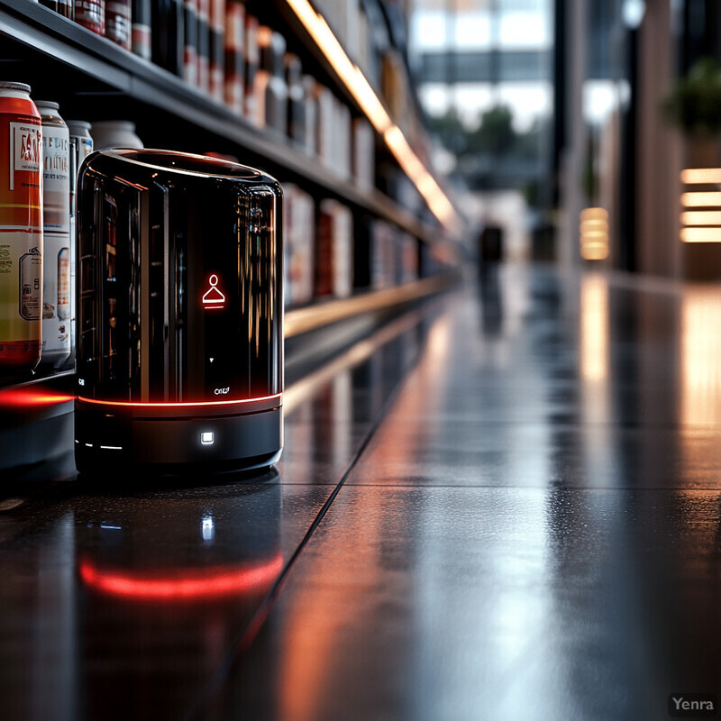 An automated retail store with shelves stocked with various products, featuring a black and red device on the left side that likely detects product misplacement.