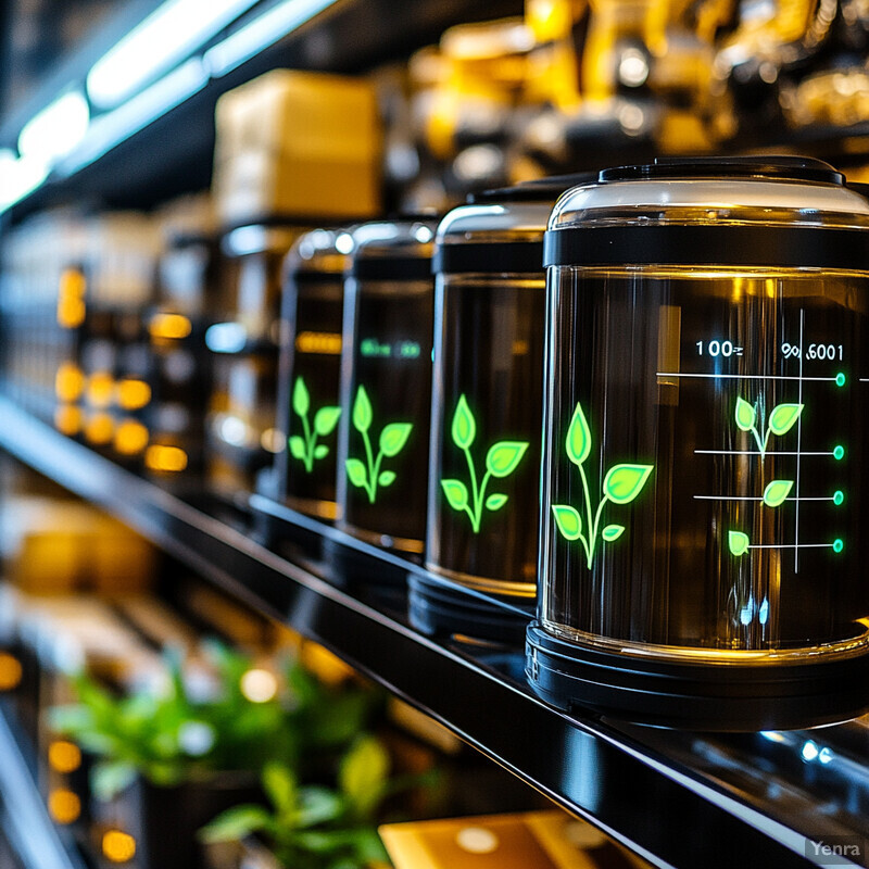 A row of five glass jars containing plants or herbs, each with a unique label featuring the plant's name and illustration.