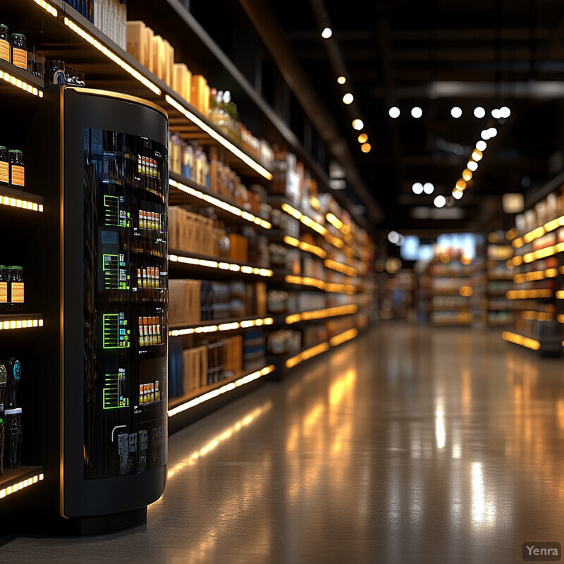 The image shows a large room filled with rows of shelves stocked with various products and a black vending machine.