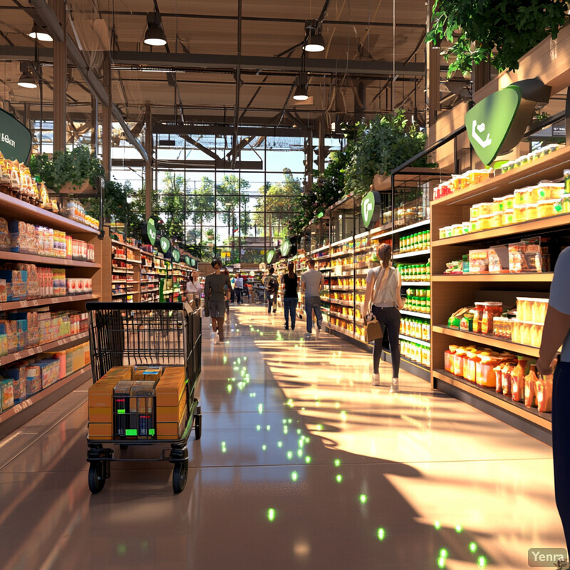 A busy grocery store aisle with shoppers and a cart filled with food products.