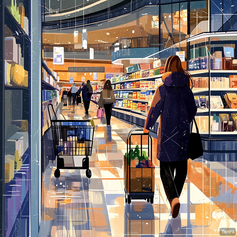 A crowded supermarket aisle with shoppers navigating through the shelves.