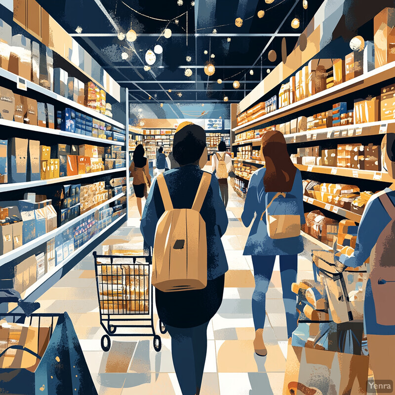 A bustling indoor setting in a grocery store aisle, featuring several individuals navigating through the shelves.