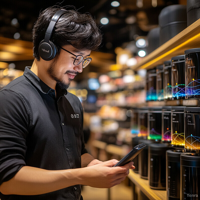 A man is browsing electronic devices at a store.