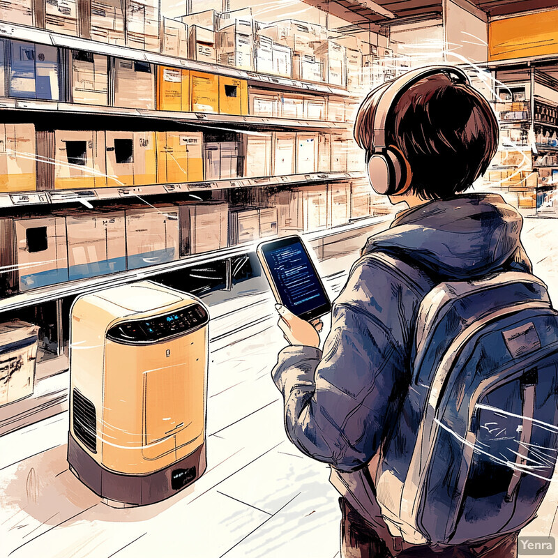 A person stands in front of shelves stocked with boxes, using an electronic device to interact with the environment, while a robot stands nearby.