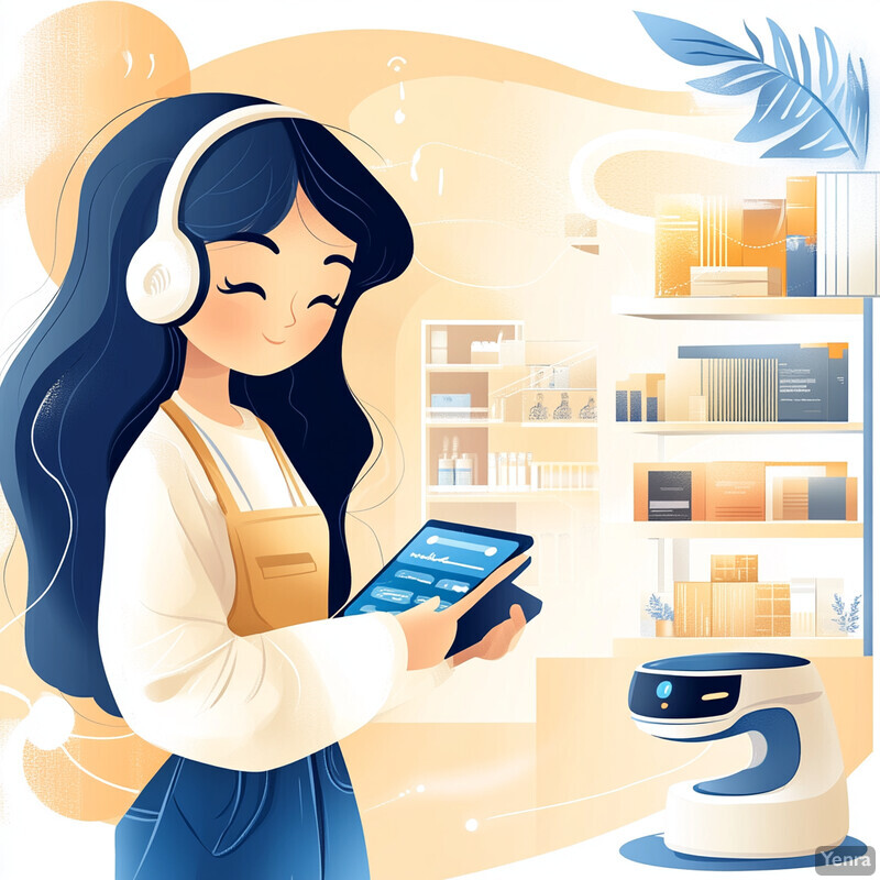 A cartoon woman with long blue hair and white headphones is holding a tablet in her hands, surrounded by shelves stocked with products.