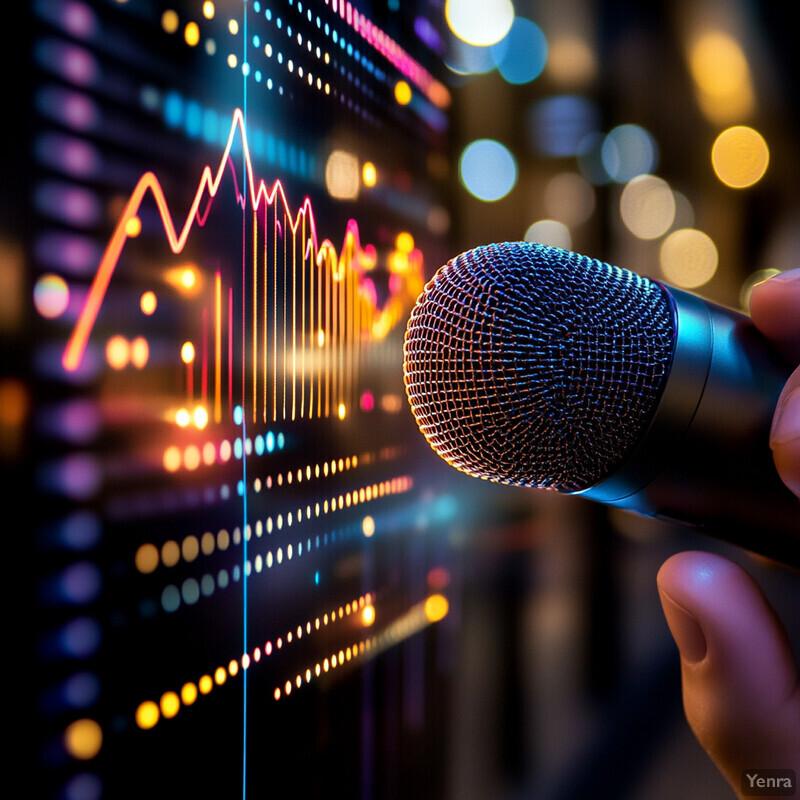 A person holds a microphone in front of an audio waveform, likely being displayed on a computer screen or digital device.