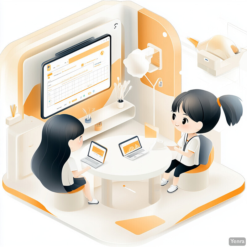 Two women collaborate and work together in an office setting surrounded by various objects designed for productivity.