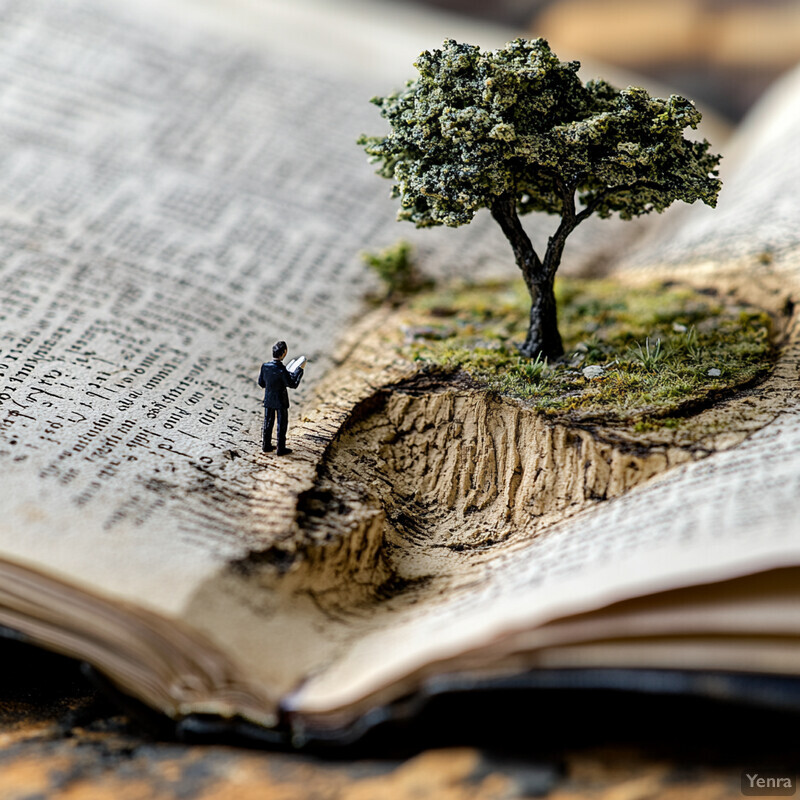 A miniature man in a suit stands on an open book, reading or writing near a tree nestled within its pages.