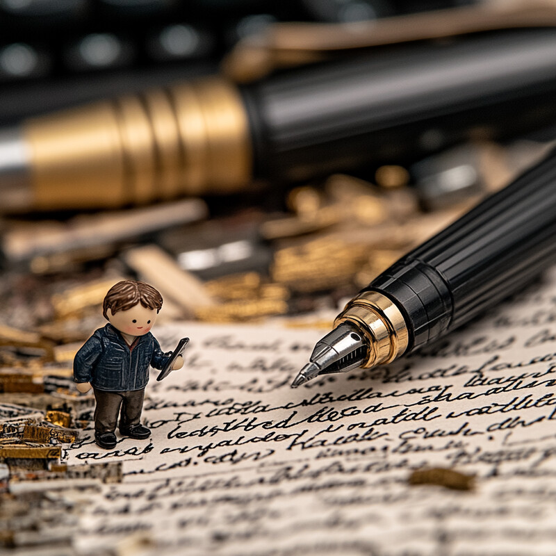 A miniature figurine of a man is seen standing on top of a piece of paper covered in handwritten text, surrounded by pens.