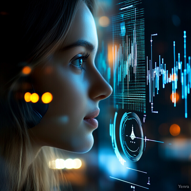 A woman examines a graph on a screen displaying continuous model improvement with user feedback.