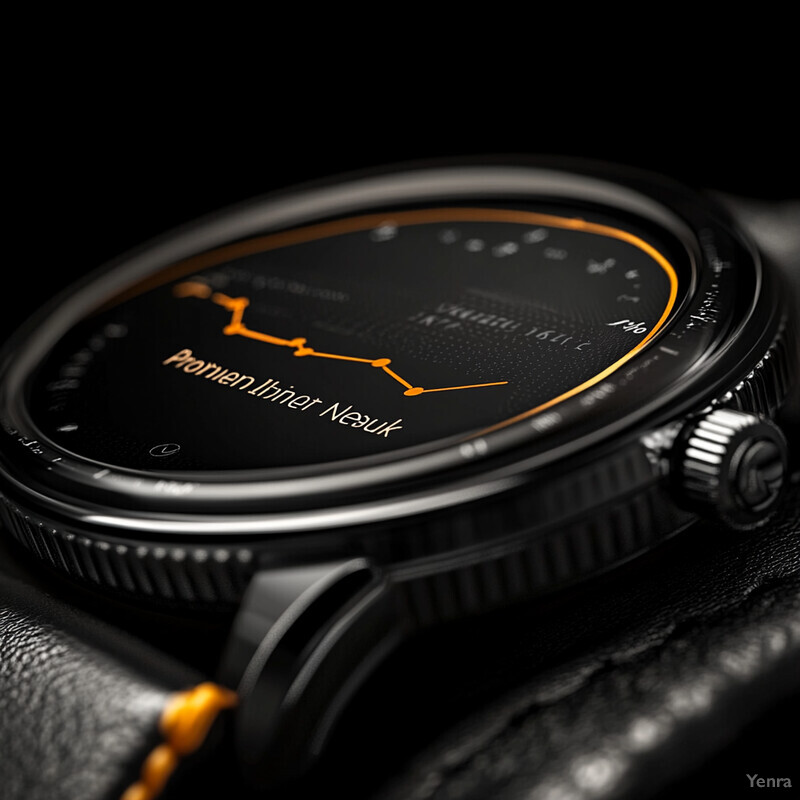 A close-up view of a watch face with an oval shape and orange accents.