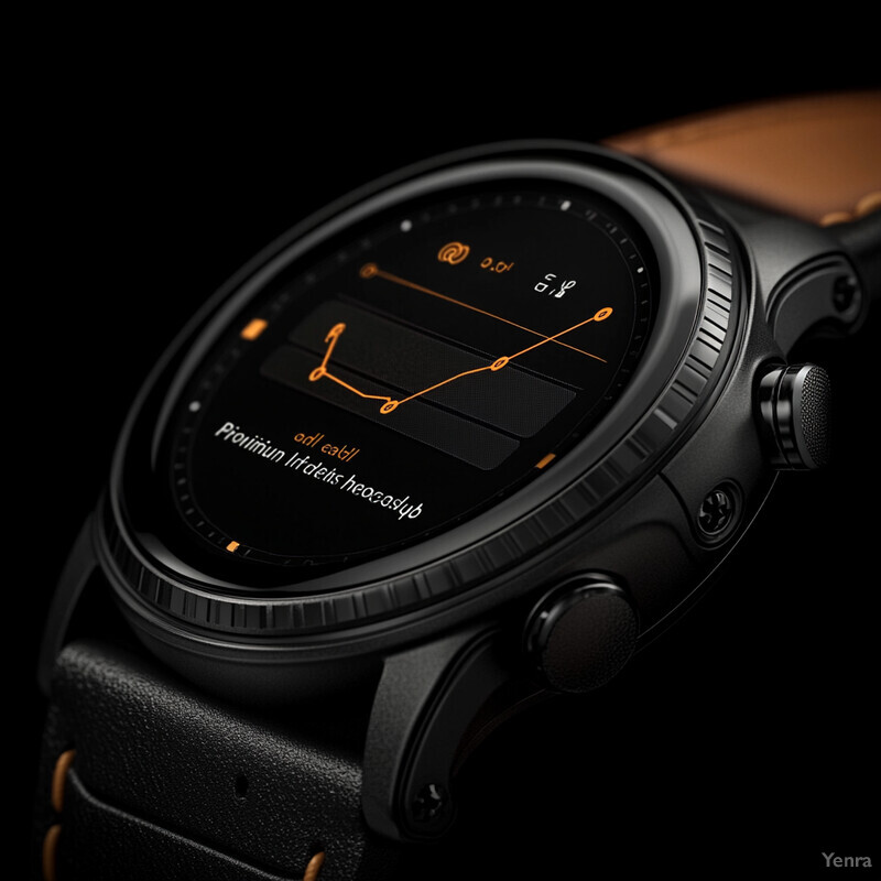 A smartwatch with a black leather strap and a round face displaying various features on its screen.