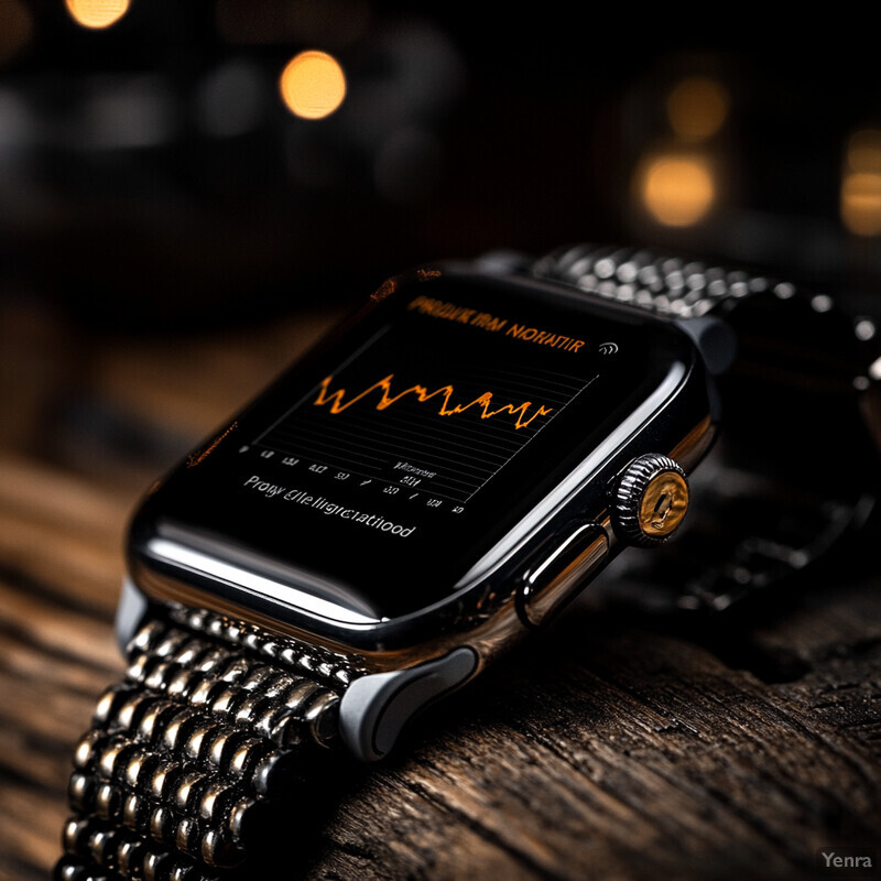 A sleek black smartwatch with an orange line graph on its screen rests on a dark wooden surface in a dimly lit room or studio setting.