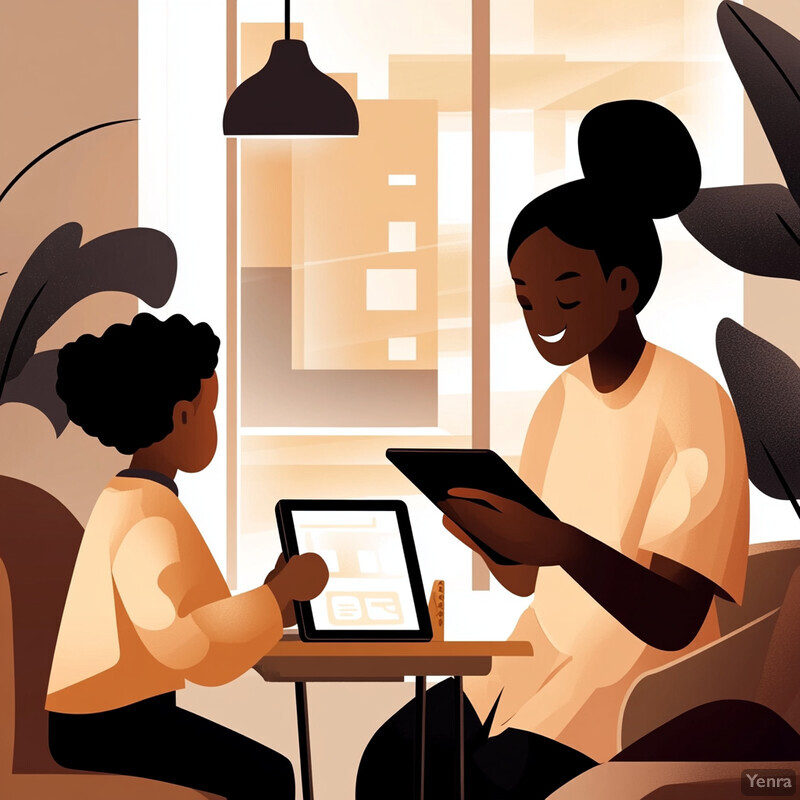 A mother and child sit at a table in their home, each holding a tablet.