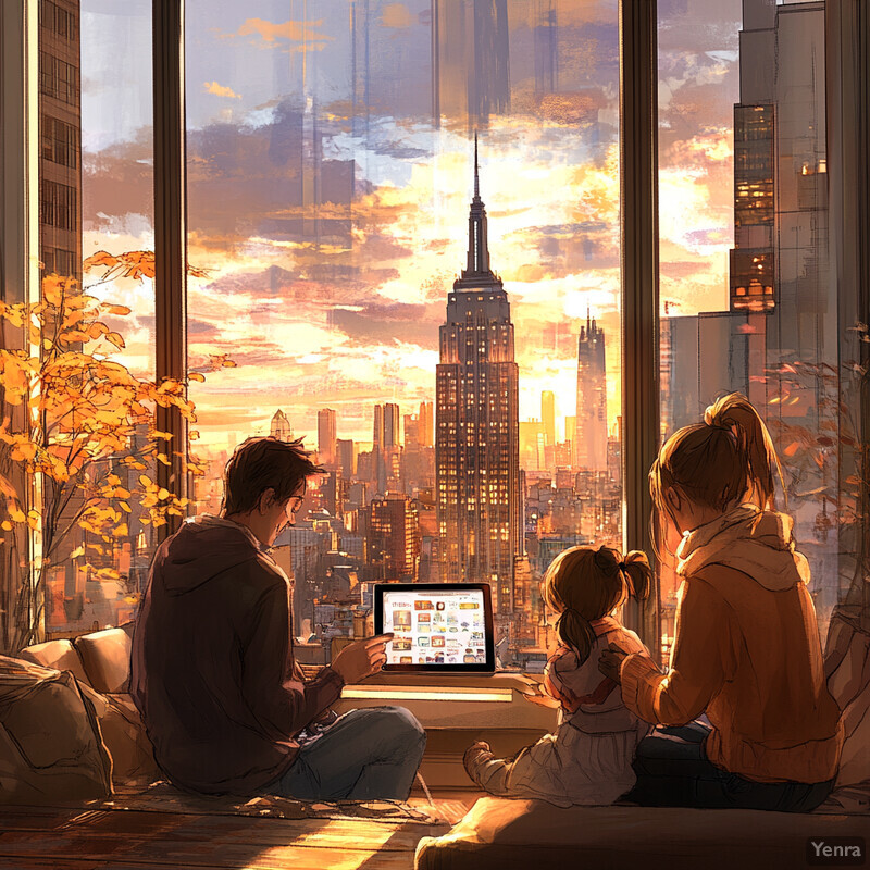 A family of three enjoys a leisurely afternoon together, gazing out at the cityscape from their living room.