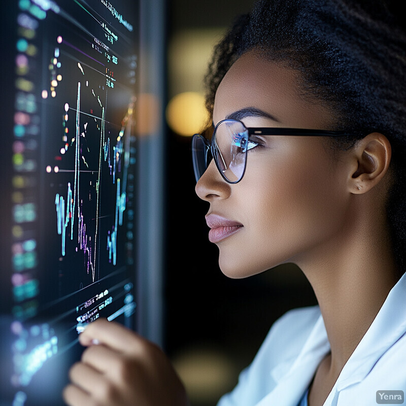 A woman in a white lab coat looks at a screen displaying data analysis or medical research.