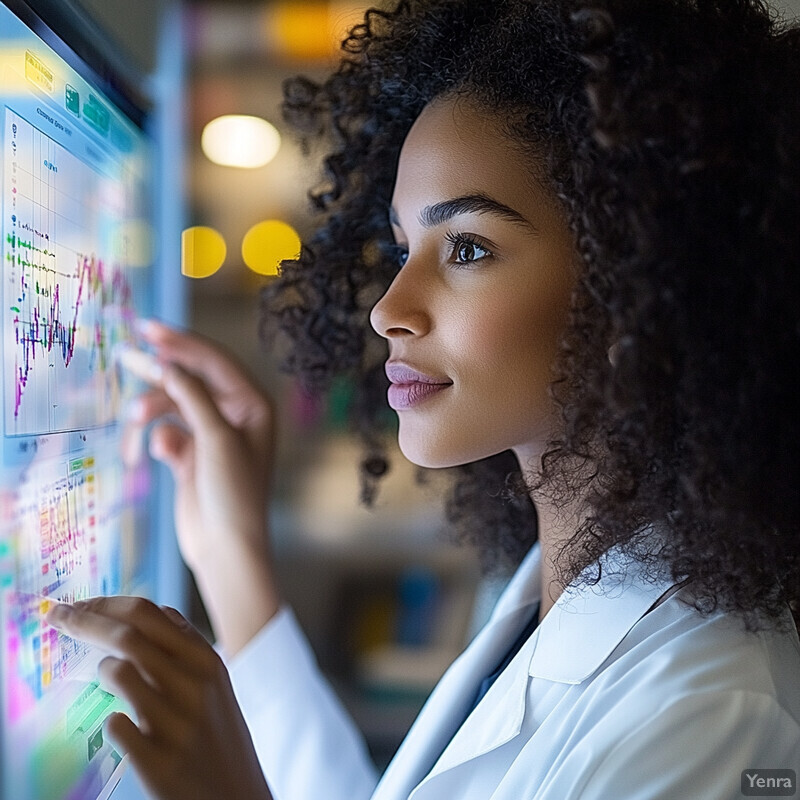 A woman in a lab coat analyzes data on a large screen.