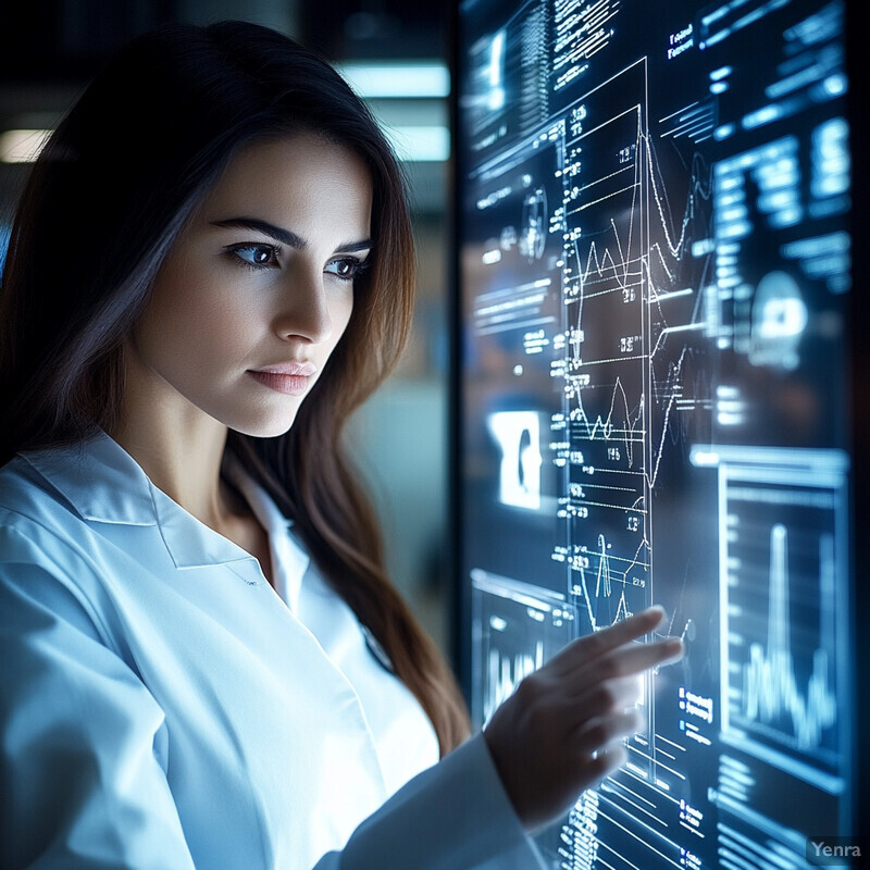 A woman in a lab coat examines data on two screens in a dark laboratory.