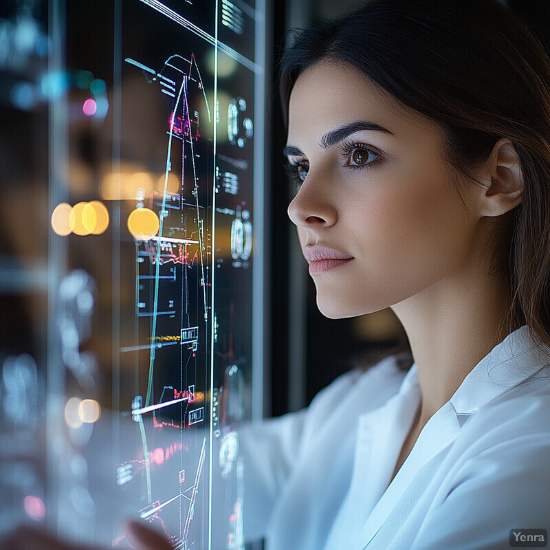 A woman in a white lab coat stands in front of a large screen displaying various graphs and charts.