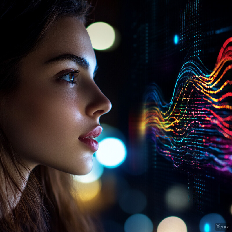 A woman intently examines data on a computer monitor.