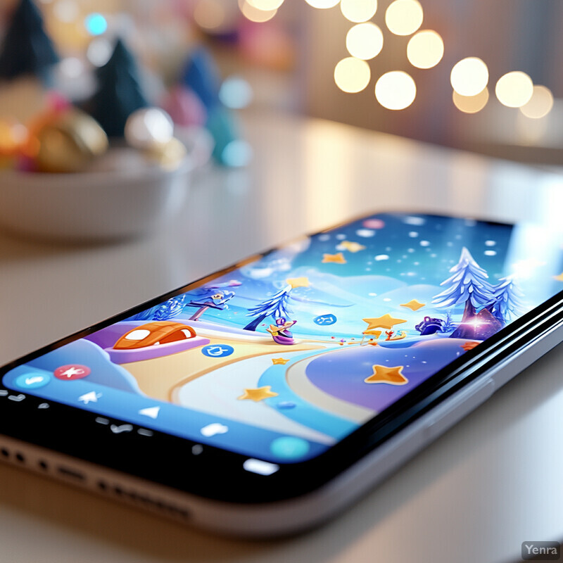 A smartphone displaying a colorful cartoon landscape with interactive elements.