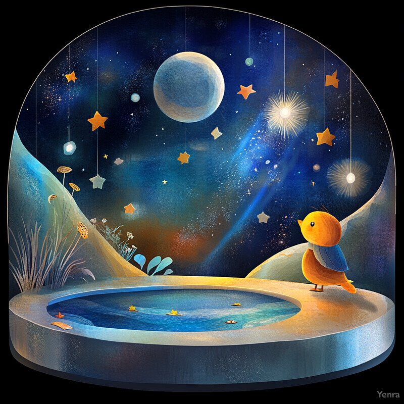 A small pool with yellow paper boats in a glass dome surrounded by a starry night sky.