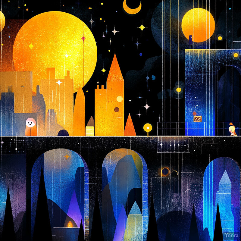 Abstract representation of a cityscape at night with geometric shapes and small characters.