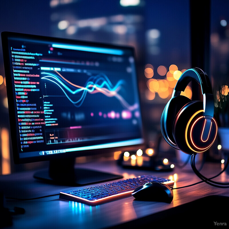 A computer setup with a monitor displaying a graph, a keyboard with glowing blue keys, and various accessories such as a headset and speaker.