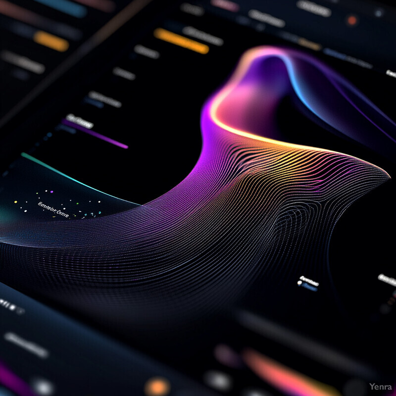 An abstract design featuring a wavy line with a gradient of purple, orange, and blue hues.