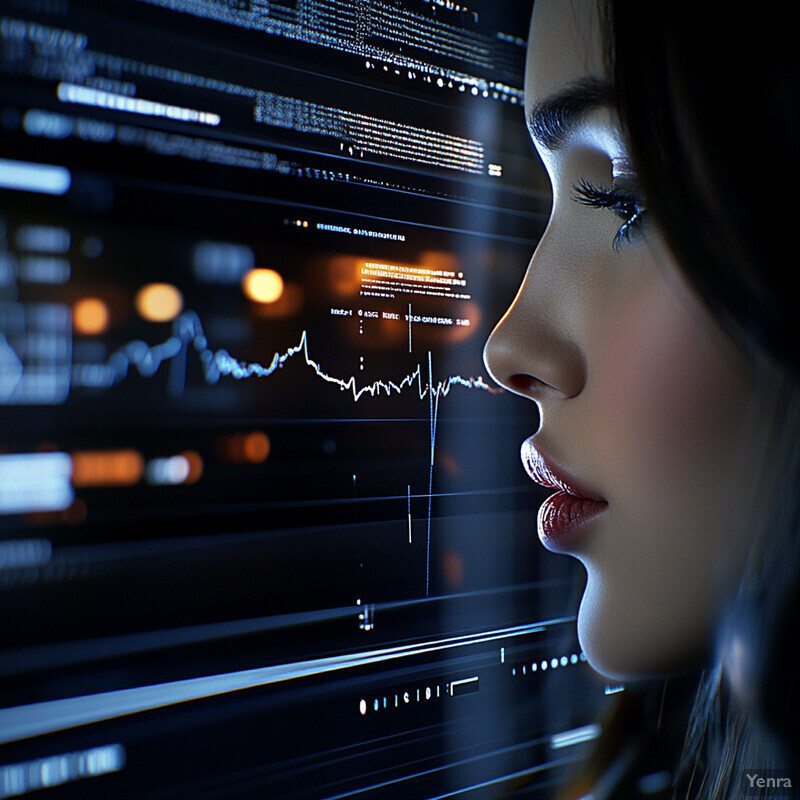 A woman is intently analyzing a line graph on her computer screen.