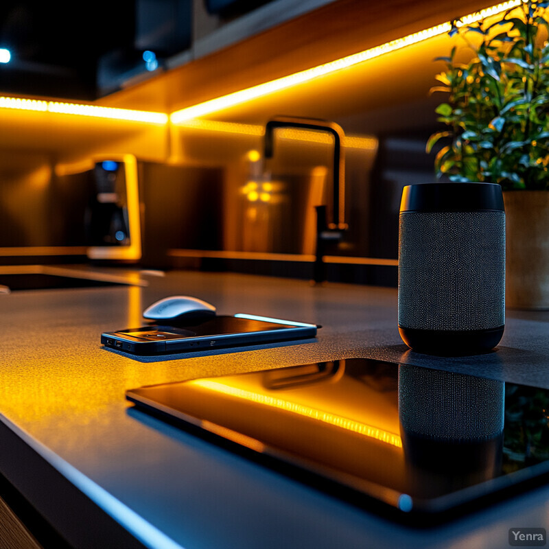 A modern electronic device collection is arranged on a gray countertop in a dimly lit kitchen or office setting, illuminated by warm yellow LED lights.