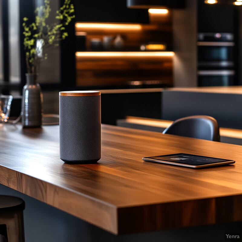 A modern kitchen with a wooden table and built-in appliances in the background.