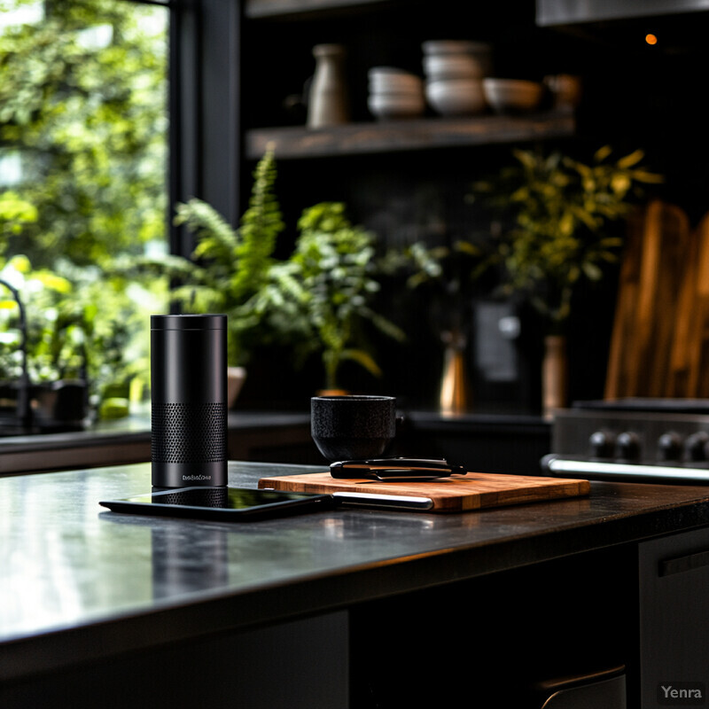 A modern kitchen with a black countertop and matching cabinets creates an ultra-modern atmosphere.