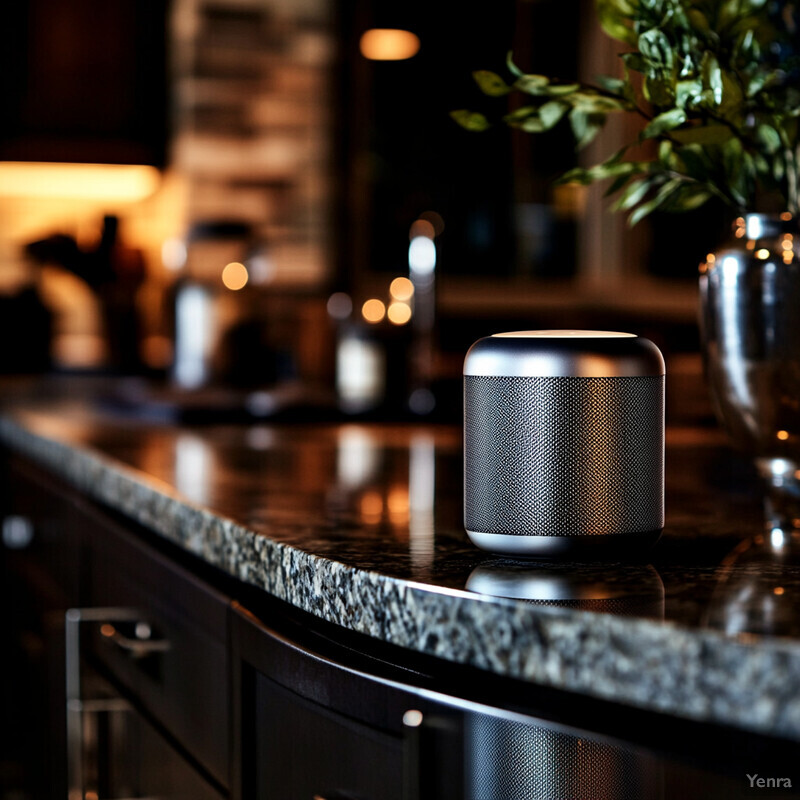 A small, silver-colored speaker sits on a polished granite countertop in a dimly lit bar or restaurant setting.