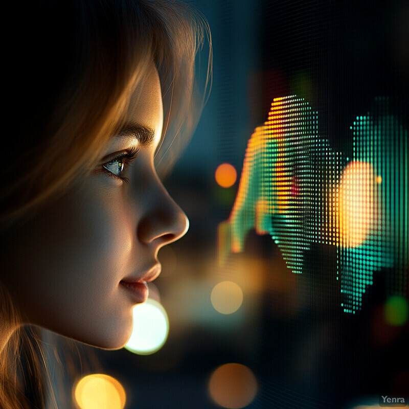 A woman intently examines a screen displaying a graph or chart in a dark room.