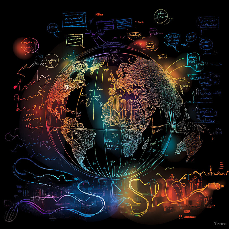 A globe with various colored scribbles and symbols on it, creating an abstract representation of global connections.