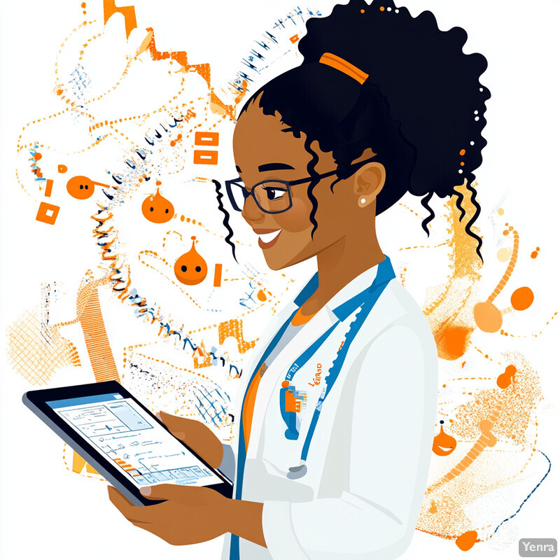 A cartoon illustration of a female doctor with an afro hairstyle, wearing glasses and a white lab coat, holding a tablet displaying medical charts or graphs.