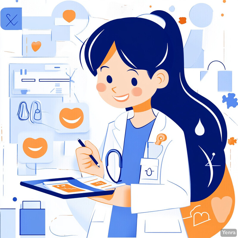 A cartoon-style illustration of a doctor or medical professional in a child-friendly setting, surrounded by various objects that contribute to the theme.