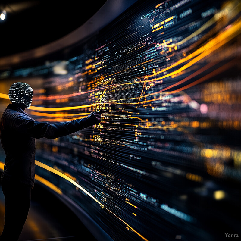 A person wearing a futuristic helmet stands in front of a large screen displaying moving lines and dots, suggesting predictive analytics for outcome forecasting.