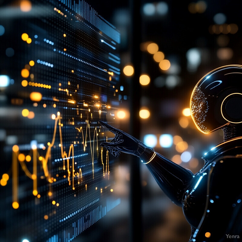 A robot is analyzing data on a large screen, symbolizing advanced technology and data analysis.