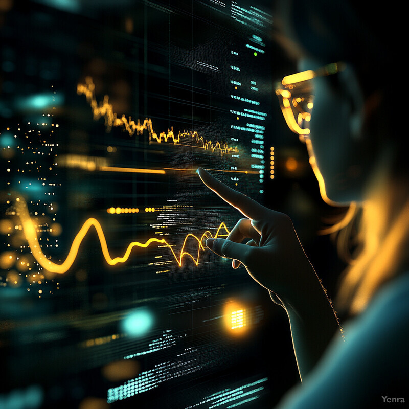 A woman in professional attire examines a large screen displaying graphs and charts related to predictive analytics.