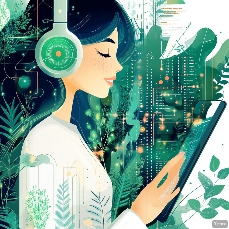 A woman wearing headphones and holding a tablet surrounded by plants and trees.