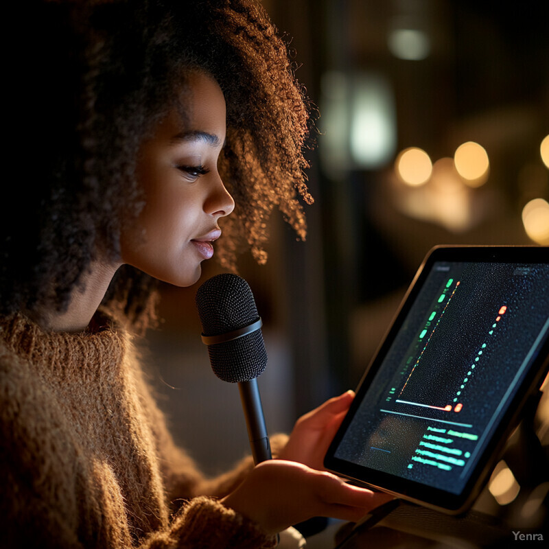 A woman with curly hair is recording or speaking into a microphone while looking at the screen of a tablet displaying a graph or chart.